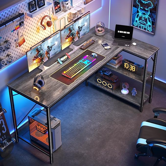 Huuger L Shaped Desk, 55 Inches Computer Desk with Reversible Storage Shelves, for Gaming Corner Home Office Writing Study, Metal Frame, Gray