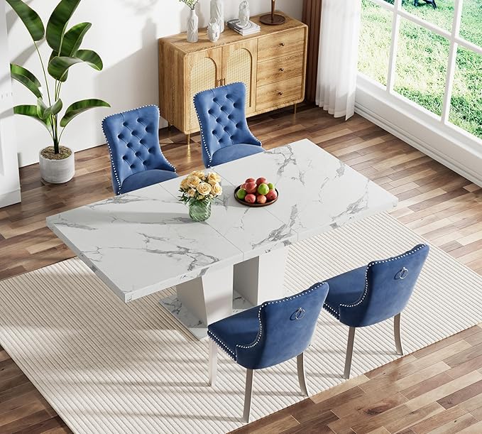 Goujxcy 5-Piece Extendable Dining Table Set for 4-8 People 63-78 Inch Kitchen Table Set with 4 Blue Upholstered Chairs Modern White Faux Marble Rectangular Dining Room Table Set for Kitchen Apartment