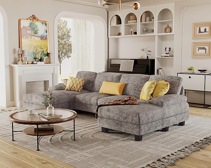 Furmax Sectional Couches for Living Room, U-Shaped Sofa Couch with Linen Fabric, 4 Seat Sofa Set with Double Chaise for Apartment (Fabric, Grey)