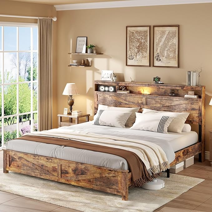 Farmhouse King Size Bed Frame with Headboard Storage Shelf, Wood Platform Bed Frame with LED Lights & Charging Station, Rustic Brown Metal Bed, No Box Spring Needed, Noise-Free Sturdy Structure