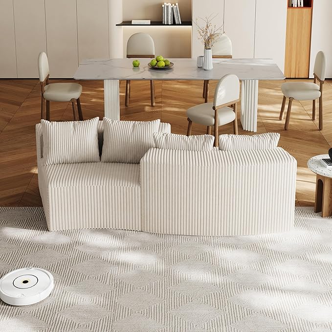 KEIKI Corduroy Curved Sectional Sofa, 2 Seater Symmetrical Modular Semi Circular Couch, Deep Seat Tufted Corner Sofa for Living Room, Lobby, Beige