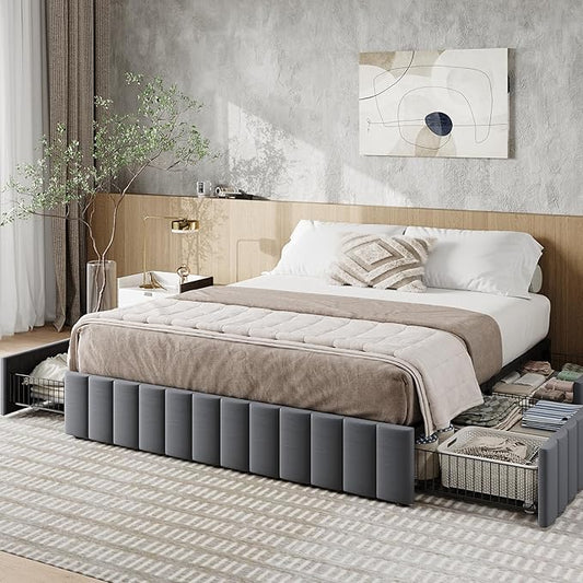 Allewie Queen Size Platform Bed Frame with 4 Large Storage Drawers, Velvet Vertical Channel Tufted Upholstered Bed Base, Wooden Slats Support, Noise-Free, No Box Spring Needed, Easy Assembly, Grey