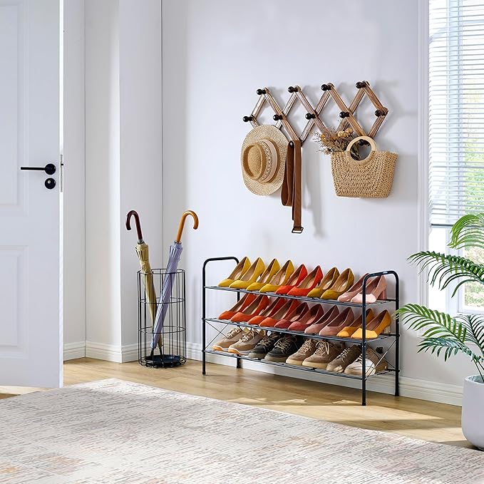 Hoctieon 3 Tier Mesh Style Shoe Rack, Entryway Shoe Shelf, Shoe Storage Organizer, Shoe Rack for Closet, Space Save for Bathroom, Garage, Hallway, Bedroom, Living Room, Black