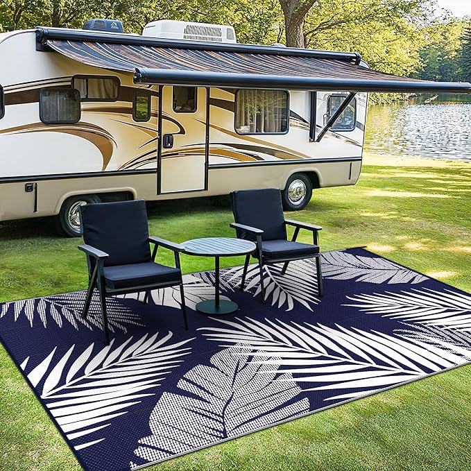 Outdoor Rug 6’x9’ Waterproof for Patio Clearance, Reversible Indoor Outdoor Plastic Straw Camping Rug Carpet, RV Mat, Large Area Rug for Deck, Backyard, Balcony, Porch, Beach, Blue & White