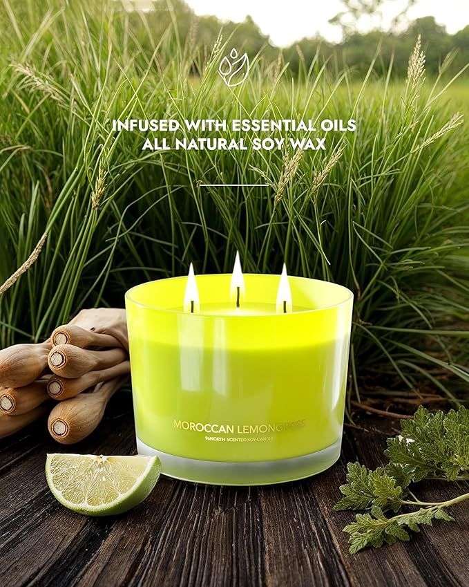 96NORTH Luxury Lemongrass Candle | Large 3-Wick Jar Candle | Up to 40 Hours Burning Time | 100% Natural Soy Wax | Relaxing Aromatherapy Aesthetic Candle | Housewarming Gift for Men and Women