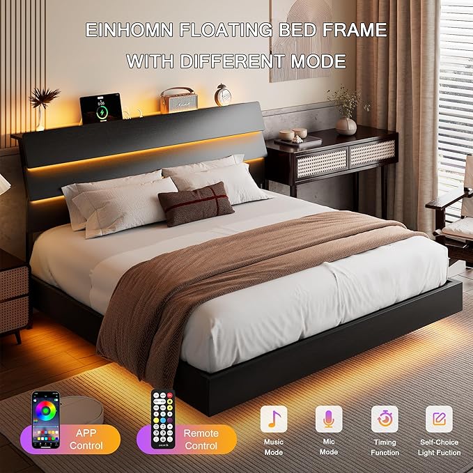 Floating Bed Frame King Size with Led Headboard and Charging Station, Metal Platform Bed Base with Storage, Remote Control, Heavy Slats Support, No Box Spring Needed, Noise Free, Black