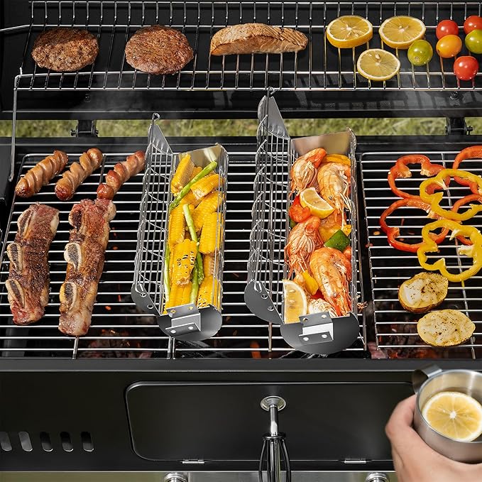 Rolling Grill Basket, New Opening Design, Extra Sturdy Cylinder Grilling Basket, Food Grade Stainless Steel, Large Portable Outdoor Camping accessories BBQ Net Rack, Cooking Griller for Fish, Vegetables, and More - Gifts for Men Dad Husband - Set of 2