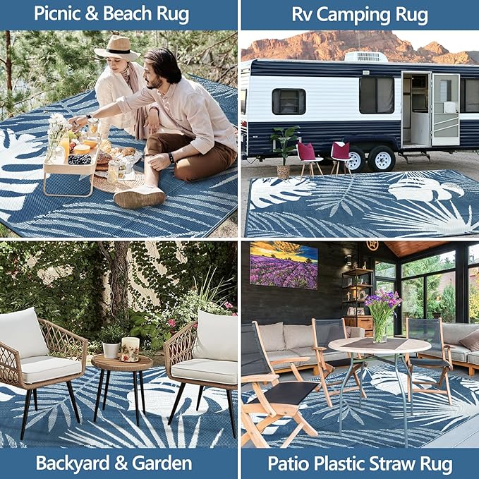 Waterproof Outdoor Rug 6x9 ft, Reversible Plastic Straw Mat with Leaf Pattern, Large Floor Mat for Patio, Camping, Picnic, Backyard RV, Deck, Blue
