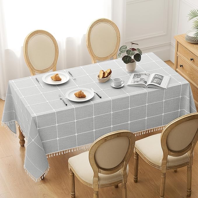 puredown® Plaid Rectangle Tablecloth, Waterproof Cotton Linen Tablecloth with Tassel, Rustic Farmhouse Table Cloths for Kitchen Dining Outdoor, 55"x102",8-10 Seats, Gray
