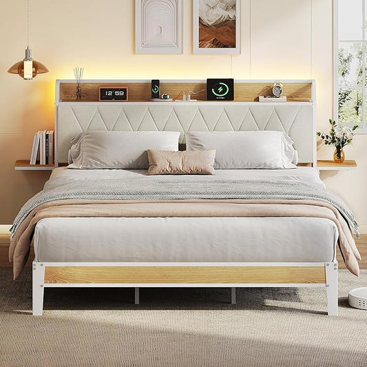 WLIVE King Size Upholstered Bed Frame with 2 Side Shelves, Linen Tufted Storage Headboard with Charging Ports and LED Light, Metal Solid and Stable, No Box Spring Needed, Easy Assembly, Beige