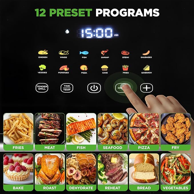 Nutrichef Electric Air Fryer Tenderizer 6.3 Quart | 12-1 Preset Cooking Functions | Includes Tenderizing Function | Digital Display | Transparent Window For Best Cooking Results | Black