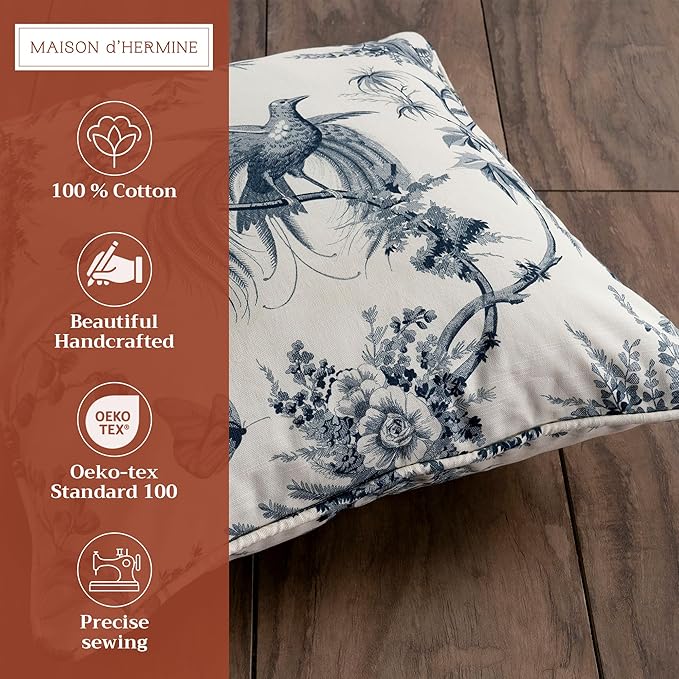 Maison d' Hermine Decorative Pillow Covers 20x20 Inch Square 100% Cotton Throw Pillow Covers with Invisible Zipper Cushion Case for Living Room Couch, Chair, Sofas, Bedroom, Home (Paradise - Delft)