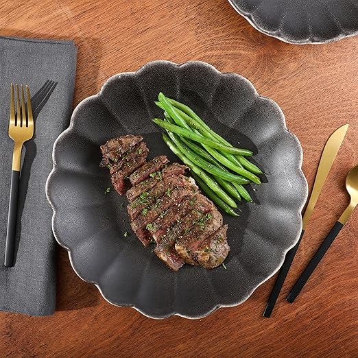 Gibson Elite Malibu Shore 16 Piece Scallop Stoneware Reactive Glaze (Service for 4) Ceramic Plates and Bowls Dinnerware Set - Black