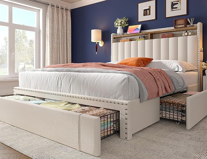 EnHomee Full Size Bed Frame, Upholstered Full Bed Frame with 3 Storage Drawers & 2-Tier Headboard Shelves, 900LBS Heavy Duty, No Box Spring Needed, Easy Assembly, Beige