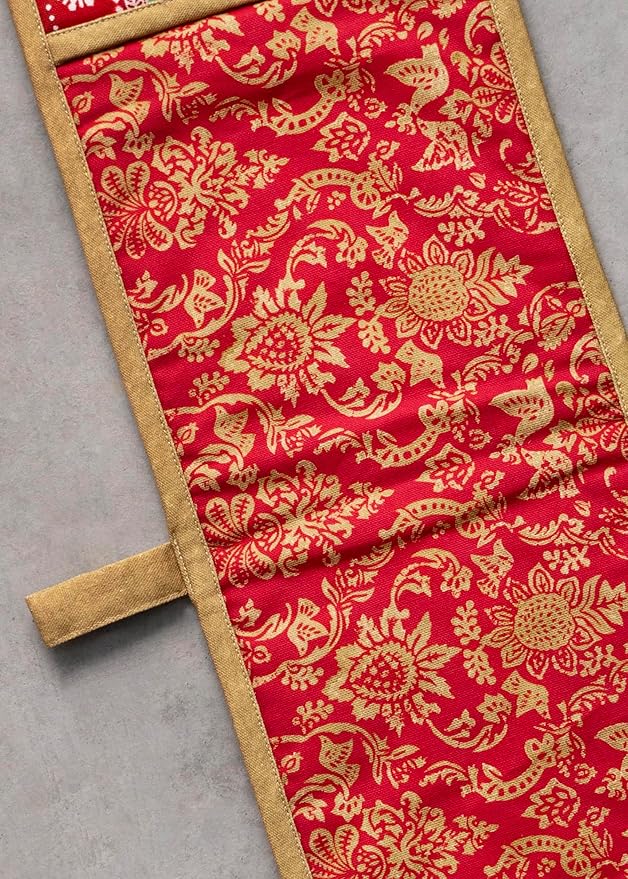 Maison d' Hermine Double Oven Mitt (7" x 35") 100% Cotton Heat Resistant BBQ Cooking Gloves with Loop for Thanksgiving Christmas Decorations Baking Cooking Barbeque Handling Hot Pan (Sofia)