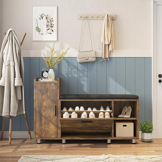 Maupvit Shoe Storage Bench with Flip Drawer Shoe Cabinet, 8 Height Adjustable Metal Feet, Entryway Bench with Removable Seat Cushion, Shoe Bench Rack for Entryway, Rustic Brown