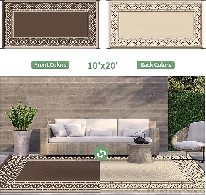 GENIMO Outdoor Rug Waterproof for Patio Decor, 10'x20' Foldable Reversible Plastic Straw Carpet, Outside Area Mat for Rv, Deck, Picnic, Porch, Camper, Balcony, Beach, Coffee & Brown