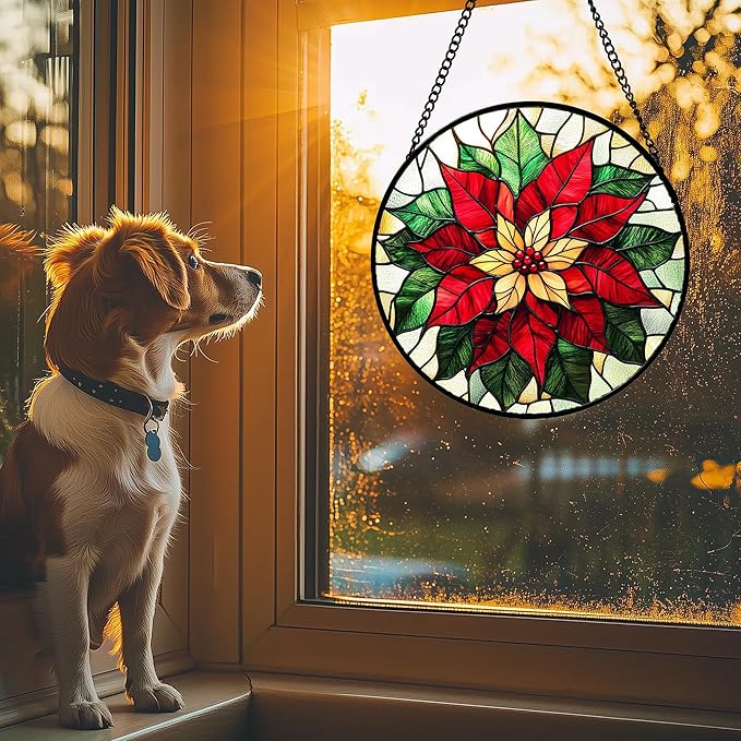 Stained Glass Window Hanging - Red Poinsettia Birth Flower Sun Catcher for Door Garden Home Decor Suncatcher Christmas Mother's Day Birthday Gifts for Women Men Mom Girl Nana Friend 9.8 in