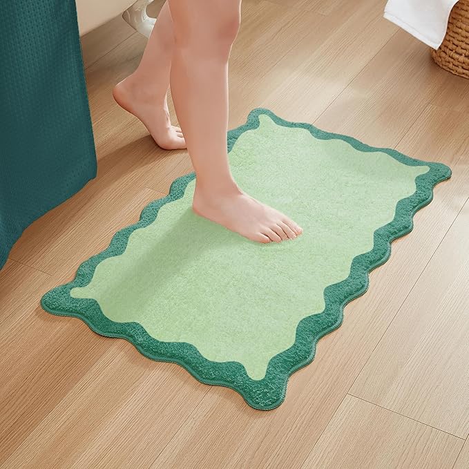 MONDAY MOOSE Bath Mat with Scalloped Wavy Ripple Design, Microfiber Absorbent Non Slip Tufted Rug for Floor, Shower or Kitchen (16x24 inch, Teal Green)