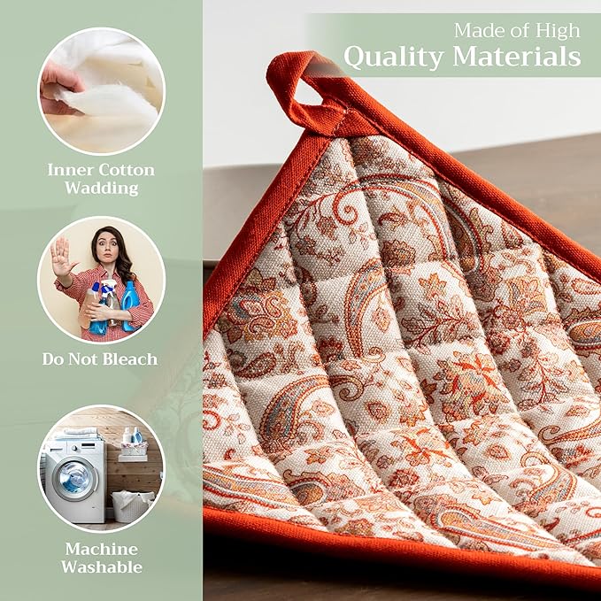Maison d' Hermine Pot Holders 100% Cotton Heat Resistant Potholders 8" x 8" Hot Pads with Loop for Thanksgiving Christmas Decorations BBQ Cooking Baking Handling Hot Pans (Pack of 1, Cachemire)