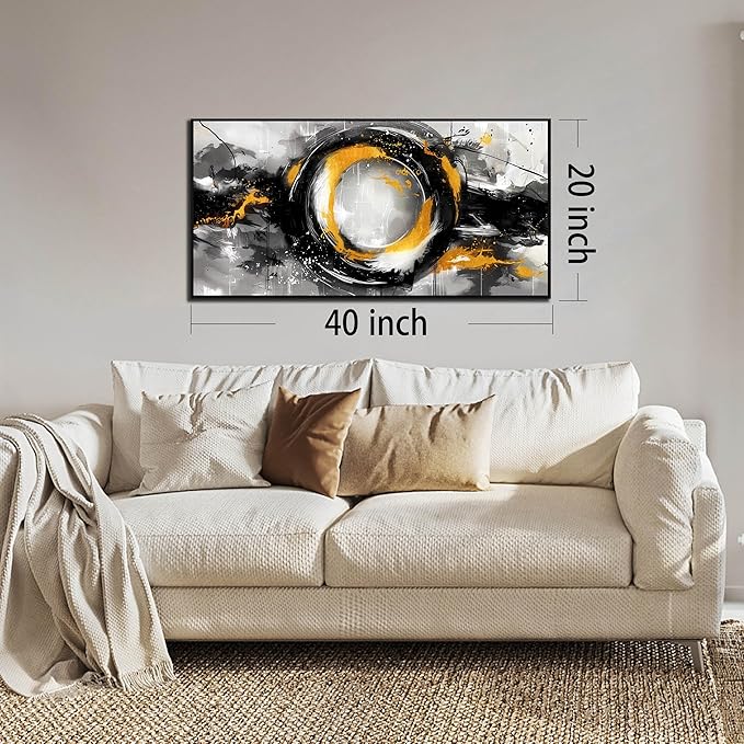SIXTTART Abstract Circle Wall Art for Living Room - Black White and Gold Modern Canvas Wall Art for Office - Modern Framed Wall Art for Bedroom Size 20" x 40"