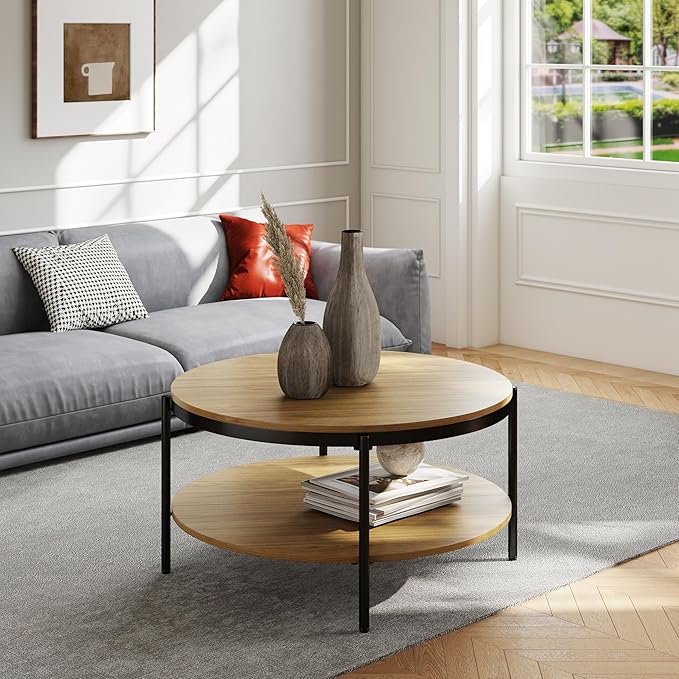 Manora Round Coffee Table with Storage Shelf, Rustic Wood Center Table with Black Metal Frame, Modern Circle Living Room Table for Small Spaces (Oak)