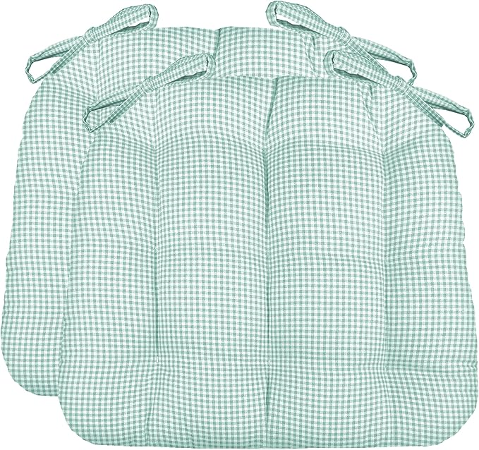 Barnett Home Decor Dining Chair Cushions with Ties, 16.5 x 18, Pack of 2 – Madrid Aqua Gingham Check – 100% Cotton, Latex Foam Fill, Made in USA