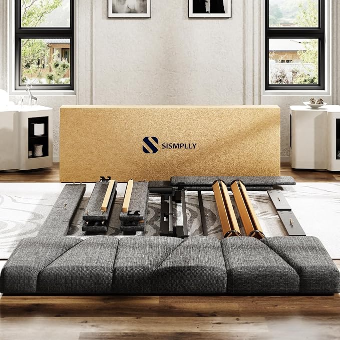 King Size Platform Bed Frame with Modern Upholstered Headboard, Wooden Slats Support, Noise Free, No Box Spring Needed, Easy Assembly, Dark Grey, Linen
