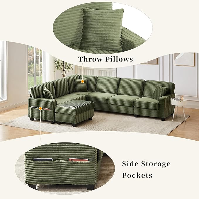 125.2" Sectional Sofa U-Shaped Upholstered Sofa L-Shaped Couch with a Movable Ottoman and Side Storage Pockets for Living Room, Green