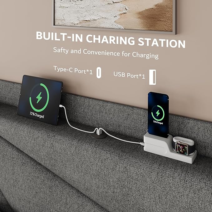 iPormis Queen Size Bed Frame with Charging Station, Linen Platform Bed Frame with Wingback Headboard Upholstered Bedframe, Solid Wood Slats Support, No Box Spring Needed, Easy Assembly, Dark Grey