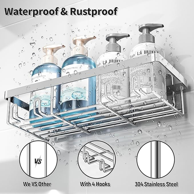 5 Pack Shower Caddy Organizer Rack Shelf for Inside Shower, Self Adhesive Bathroom Wall Storage Basket Rustproof Stainless Steel Large Capacity Shampoo Holder, Silver