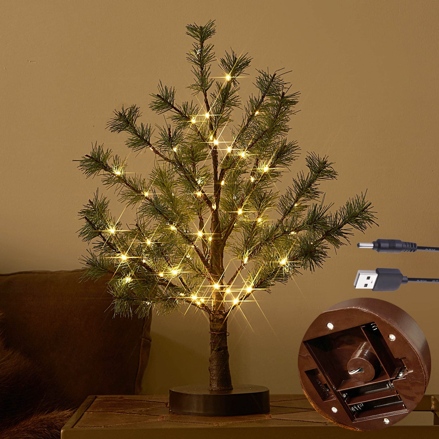 Hairui Christmas Tabletop Pine Tree Lights 60 LED 18IN Battery or USB Oprerated with Timer, Lighted Pine Tree for Home Winter Holiday Decor Indoor Use