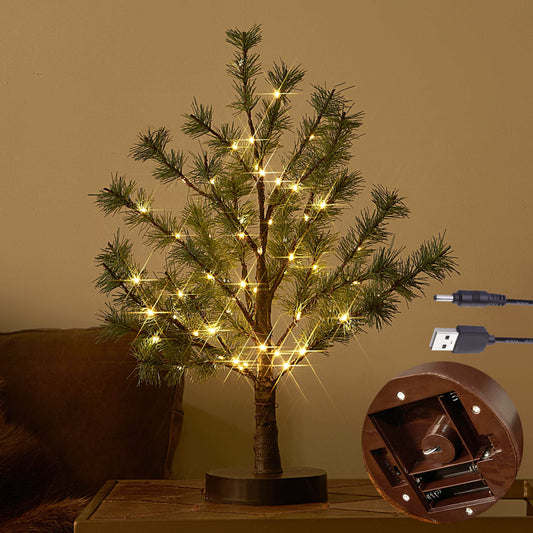 Hairui Christmas Tabletop Pine Tree Lights 60 LED 18IN Battery or USB Oprerated with Timer, Lighted Pine Tree for Home Winter Holiday Decor Indoor Use
