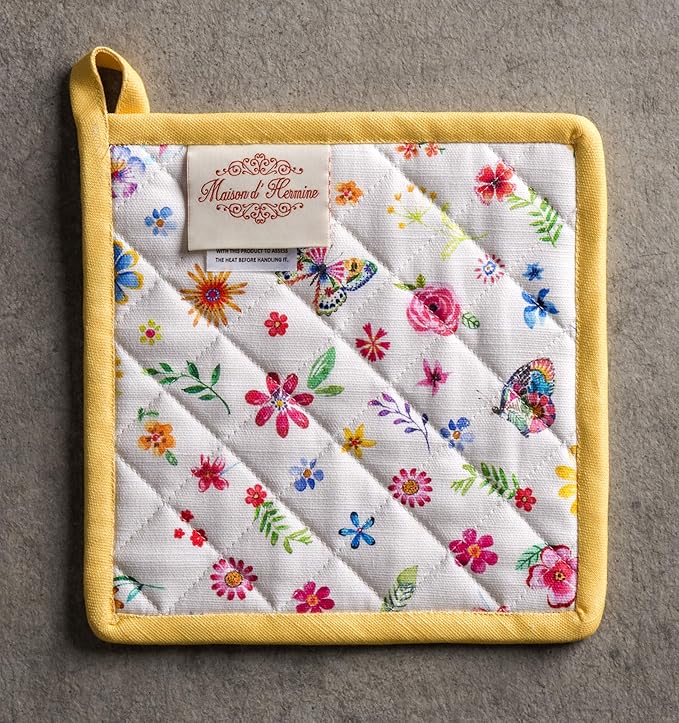 Maison d' Hermine Pot Holders 100% Cotton Heat Resistant Potholders 8" x 8" Hot Pads with Loop BBQ, Cooking, Grilling, Kitchen, Handling Hot Pans Spring/Summer (Pack of 1, Happy Florals - Sweety)