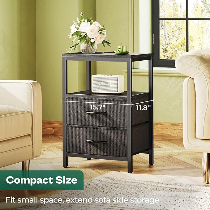 Huuger Nightstands Set of 2, End Tables with Charging Station, Side Tables with Fabric Drawers, Bedside Tables with USB Ports and Outlets, Night Stands for Bedroom, Black