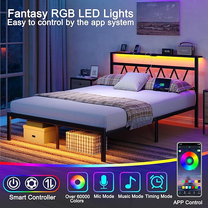 Full Bed Frame with Smart LED Lights, Storage Headboard and USB Charging Station,Heavy Duty Wooden Slats, No Box Spring Needed, Noise Free, Easy Assembly (Classic Black, Full)
