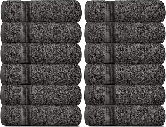White Classic Resort Collection Soft Washcloth Face & Body Towel Set | 12x12 Luxury Hotel Plush & Absorbent Cotton Washclothes [12 Pack, Charcoal]