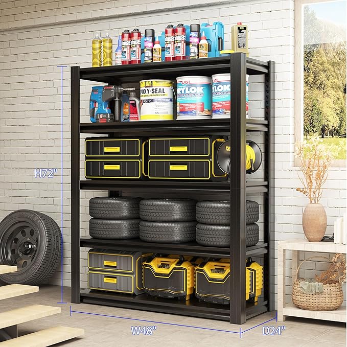 72" H Metal Storage Shelving, 3000LBS Heavy Duty Shelves Unit, Adjustable 5 Tier Storage Rack, Industrial Utility Shelf for Garage, Warehouse, Bedroom, Kitchen,24" D×48“W×72”H, Black