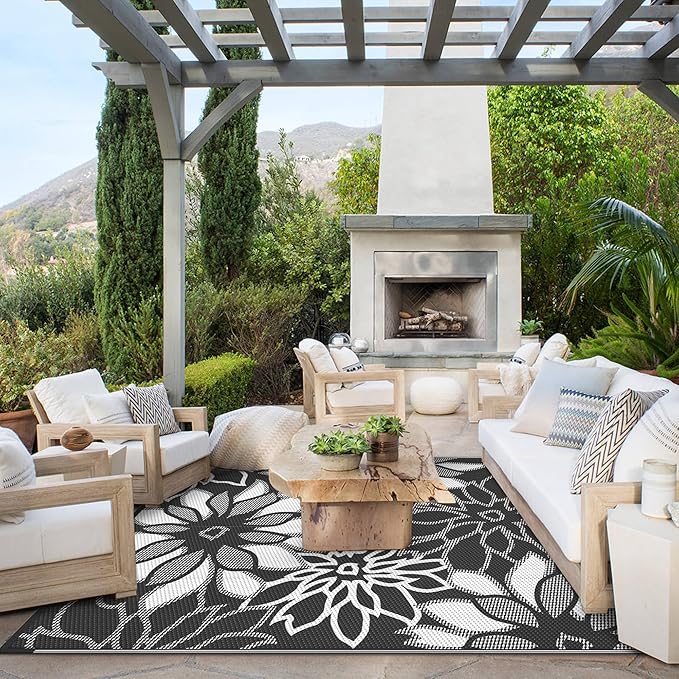 GENIMO Outdoor Rug Waterproof for Patio Decor, 8' x 10' Reversible Plastic Straw Floral Camping Carpet, Large Area Rugs Mats for RV, Camper, Deck, Balcony, Porch, Beach, Picnic, Black & White