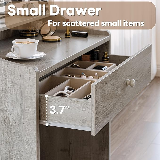 LIKIMIO Small Makeup Vanity Desk with Mirror and Lights, Vanity Table Set with Storage Drawer, Chair and Three Shelves, Bedroom, White Walnuts