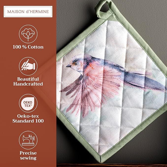 Maison d' Hermine Pot Holders 100% Cotton Heat Resistant Potholders 8" x 8" Hot Pads with Loop BBQ, Cooking, Baking, Grilling, Kitchen, Handling Hot Pans Spring/Summer (Pack of 1, Flying Birds)