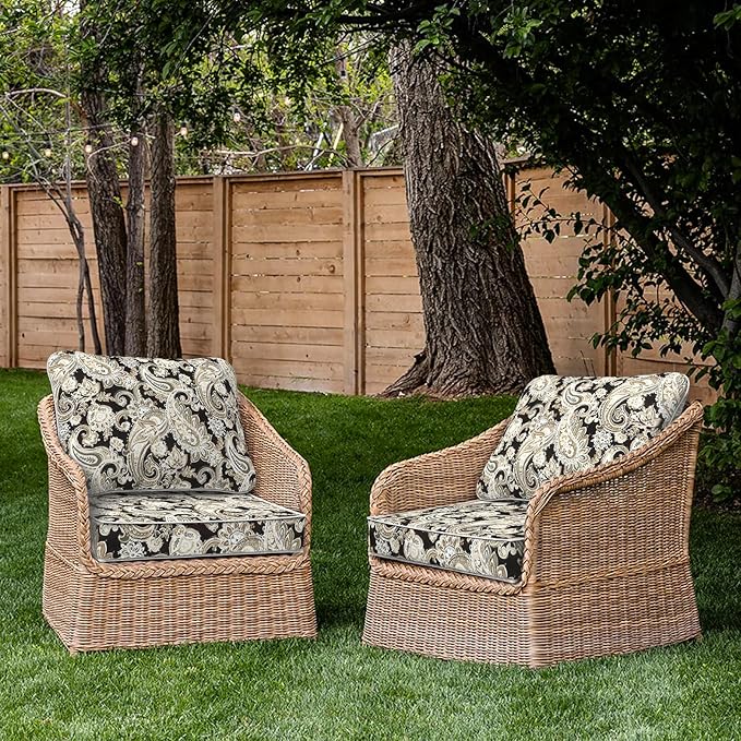 Outdoor Deep Seat Cushions Set 24 x 24 Inch for Patio Furniture,Water Resistant Chair Cushions Replacement Includes Seat Cushion & Back Pillow for Couch Sofa, Wicker Chair - Paisley Black