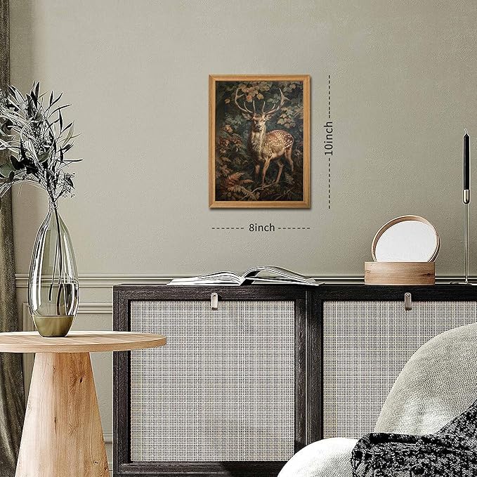 Framed 3D Textured Vintage Wall Art - Dark Academia Decor Sika Deer Hand Drawn Sandstone Paintings with Botanical Florals, Aesthetic Wall Decor for Living Room Bedroom Home 8x10 inch