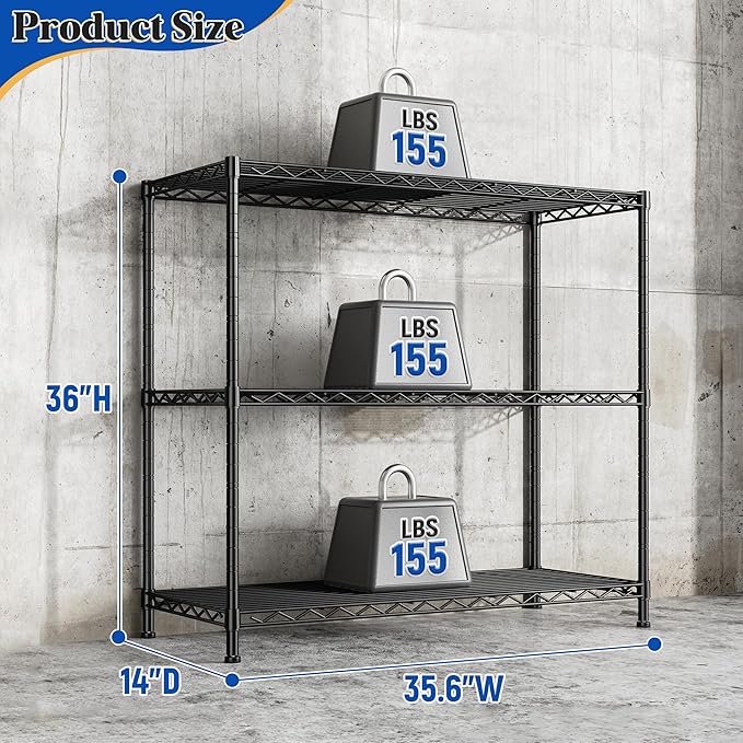 3- Shelf Metal Shelving Unit Adjustable Storage Shelves Heavy Duty Garage Shelving Steel Wire Shelving for Laundry Bathroom Kitchen Pantry Closet Garage Black, 35.6Wx14Dx36H