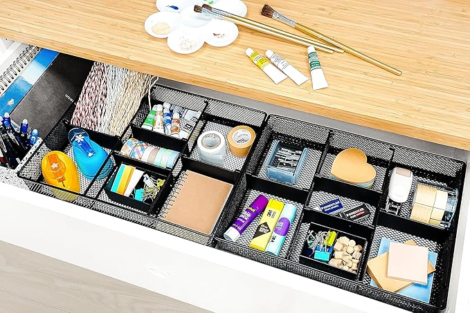 CAXXA Mesh 3 Slot Desk Drawer Organizer with Four Adjustable Dividers - Black