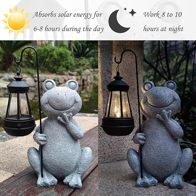 Frog Solar Garden Statues,Resin Frog Figurine Decorations with Solar Lights Lantern, Outdoor Frog Garden Decor Art for Lawn,Yard, Unique Housewarming Gift for Women Mom Grandma