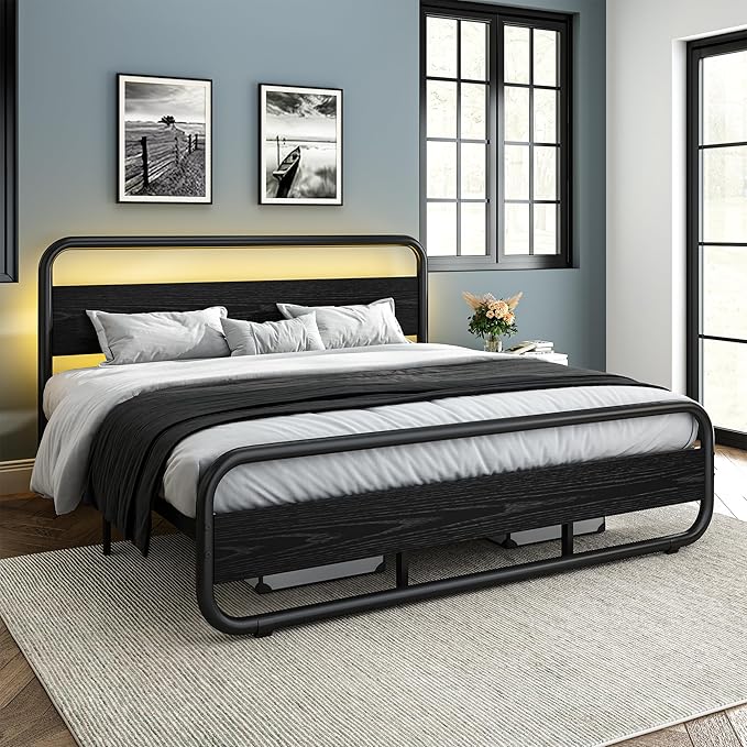 Catrimown King Size Bed Frame, Metal Black Bed Frame with Wood Headboard and Footboard, LED Platform Bed Frame with 12" Under Bed Storage, Noise Free, No Box Spring Needed