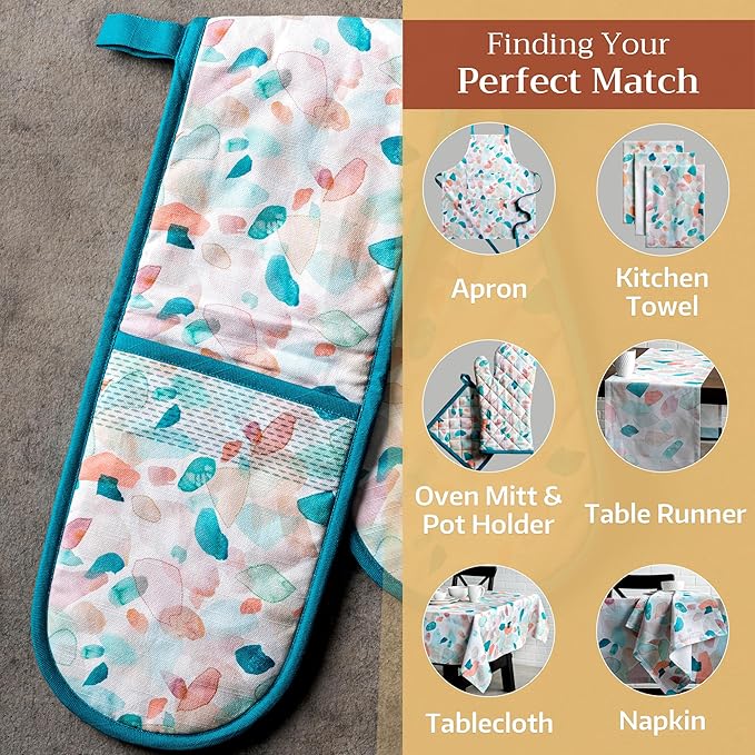 Maison d' Hermine Double Oven Mitts 100% Cotton 7"x35" Double Oven Mitt Heat Resistant BBQ Cooking Gloves with Loop, Baking, Grilling, Home, Kitchen, Handling Hot Pans Spring Summer (Summer Picnic)