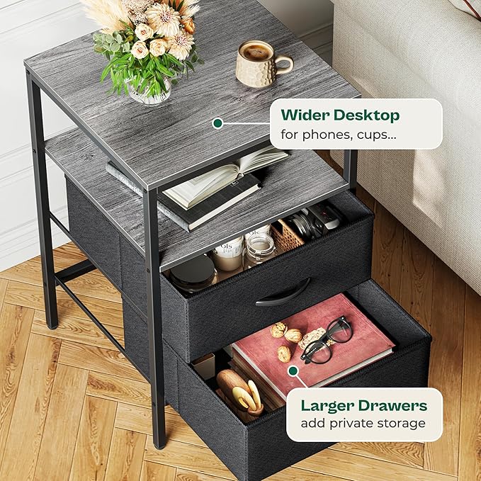 Huuger Night Stand with Charger Station, 27.7 Inch Tall Nightstand, Bed Side Table with 2 Fabric Drawers, Fabric Drawer Dresser for Bedroom, Living Room, Grey