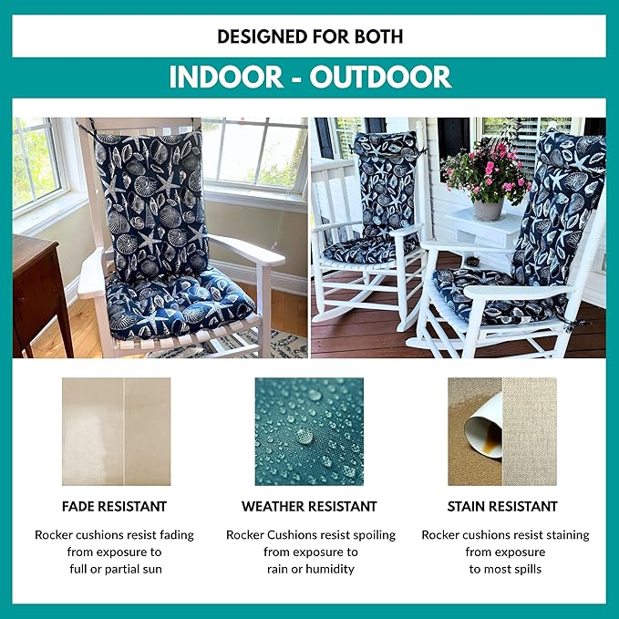 Shoreline Navy Porch Rocker Cushions - Extra-Large - Indoor - Outdoor, Fade Resistant, Weather Resistant - Latex Foam Fill Rocking Chair Seat Cushion & Backrest Pad Set - (Seashells - Blue)